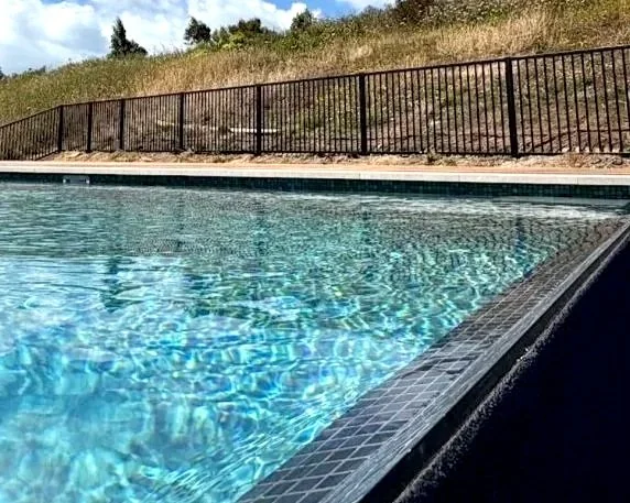 Swimming pool with clear blue water, black metal fence along the pool's edge, and dry grass hillside in the background under a partly cloudy sky.