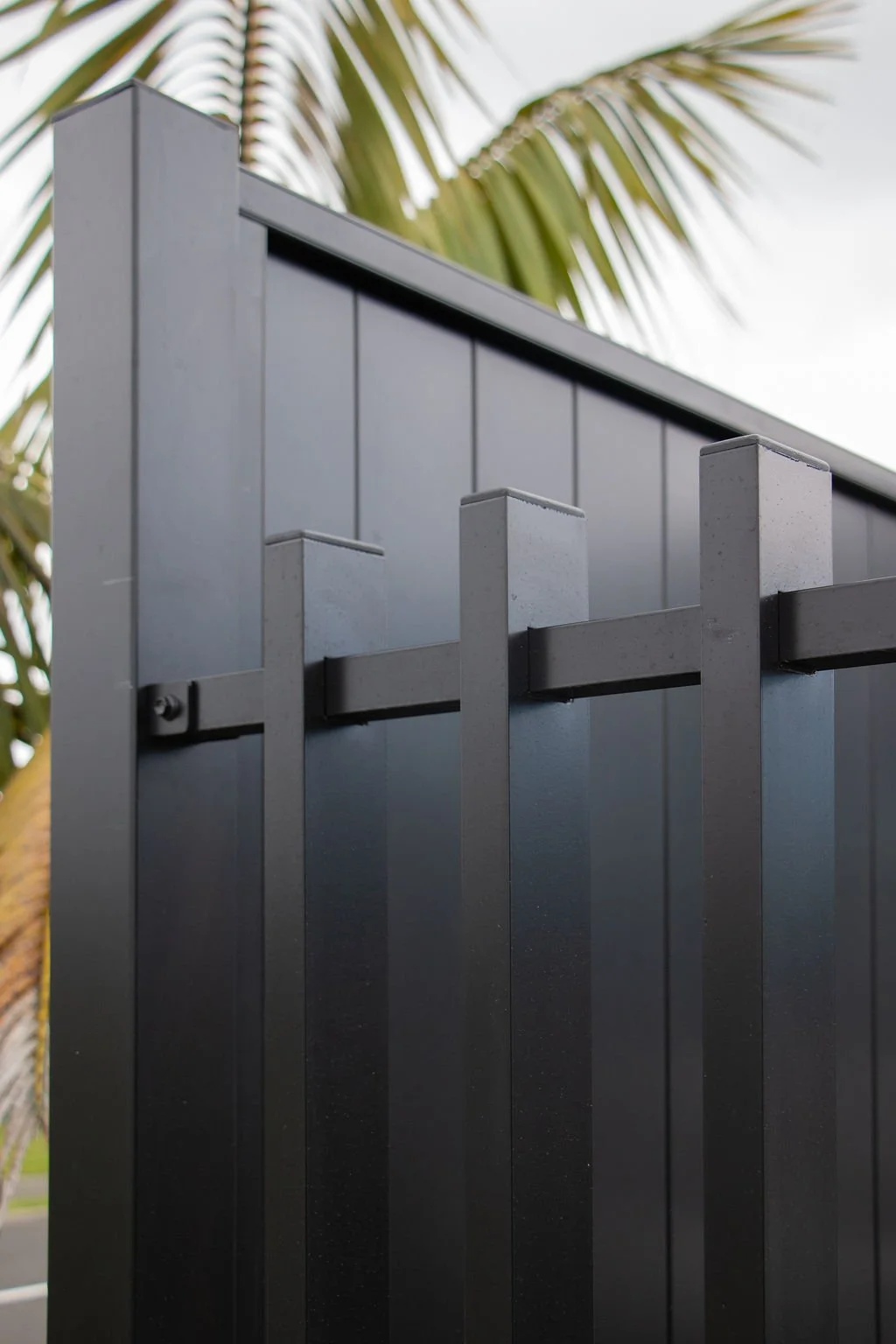 Mako black vertical slat boundary fencing combines with Mako blade aluminium fencing with palm in background