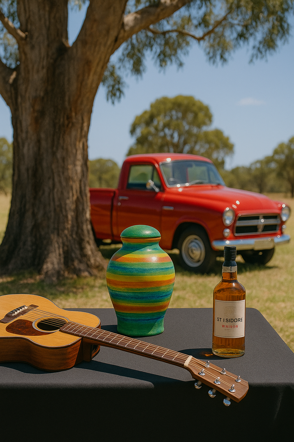 A bright striped urn sits on a square table with black tablecloth. Next to the urn is a guitar and a bottle of whisky. Behind the table is a large eucalyptus tree and next to the tree is a vintage red ute