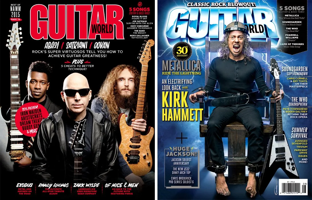 Cover images of Guitar World magazine from 2015 and a recent issue. The 2015 cover features three musicians, one holding an electric guitar, with bold red and black text. The recent cover shows Kirk Hammett from Metallica seated on a throne-like chai