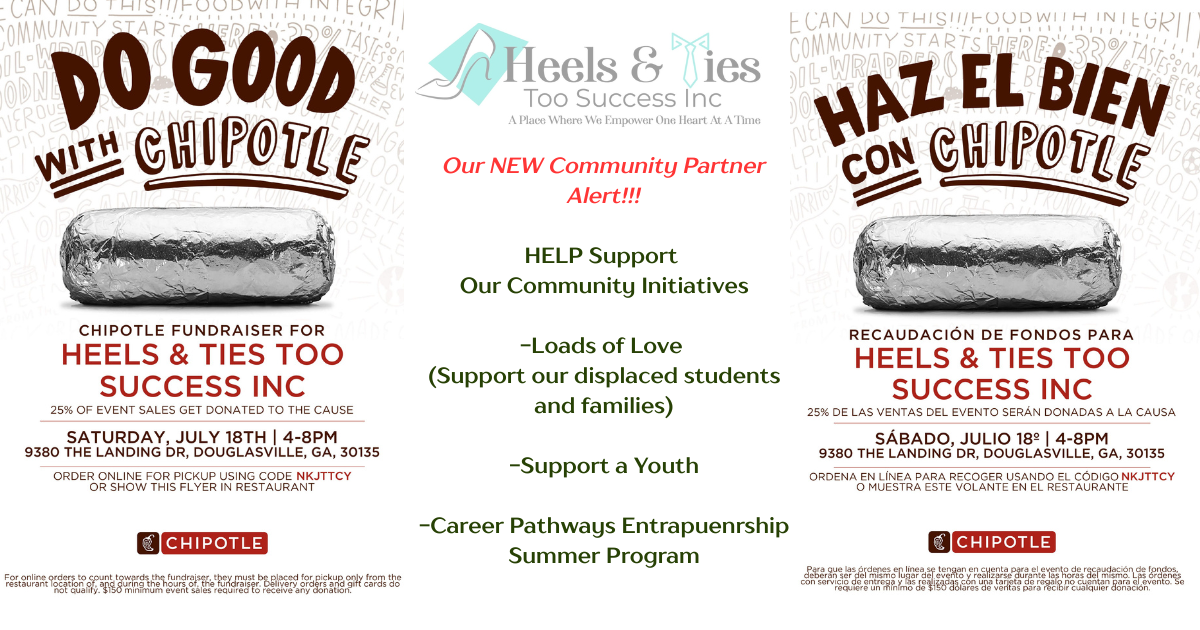 Flyer for a chipotle fundraiser event for Heels & Ties Too Success Inc, featuring info in English and Spanish, with a chocolate chipotle burrito graphic, event details, and support messages.