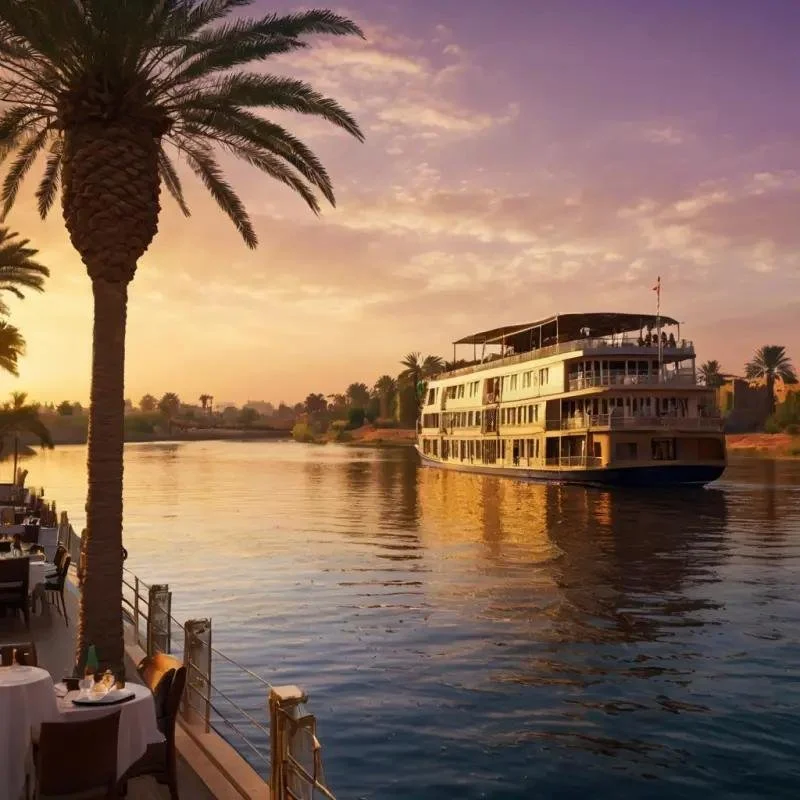 A sunset over the Seine River in Paris with a boat filled with people sailing, people sitting along the riverbank, and historic buildings in the background.