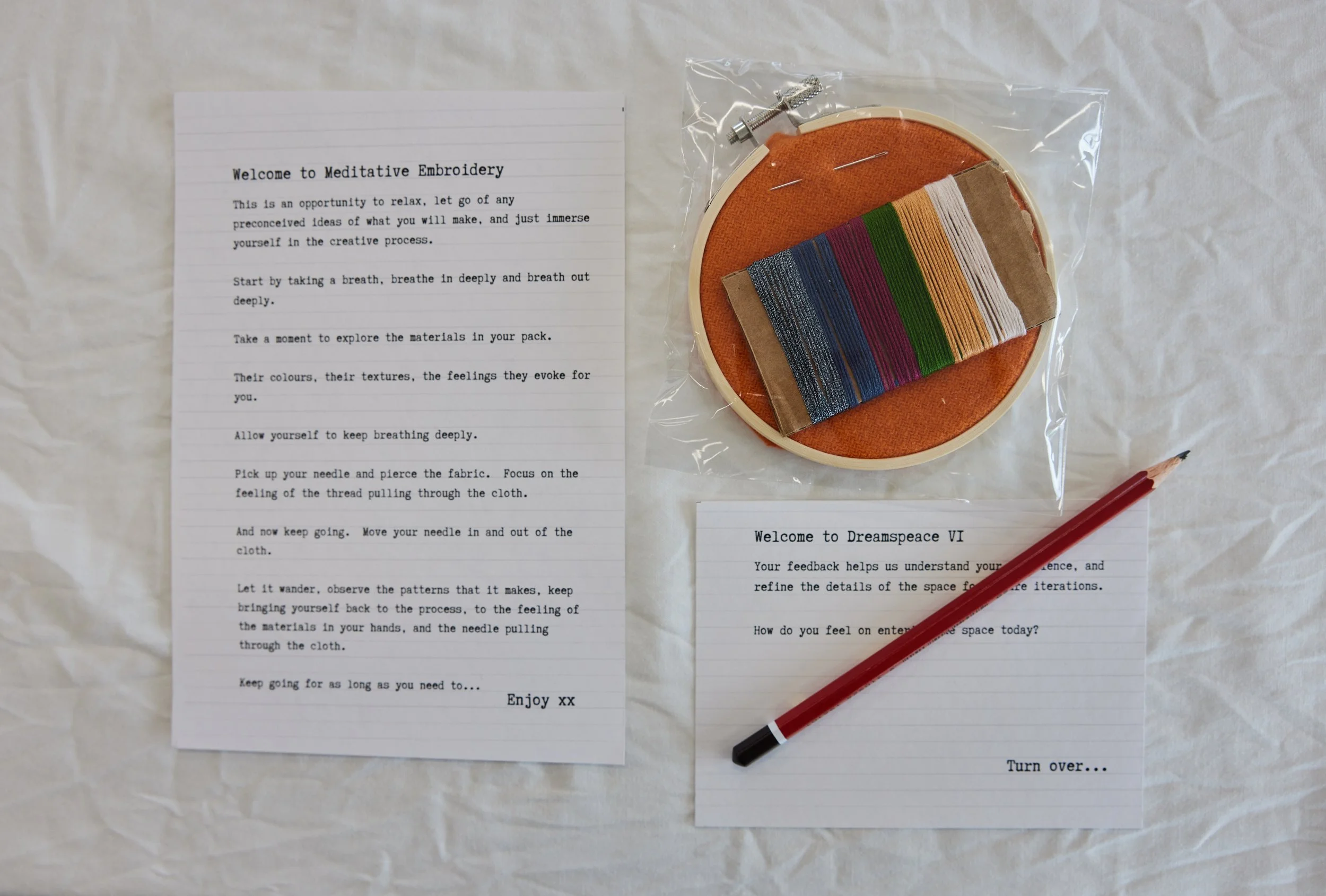 Embroidery kit with fabric, colored thread, and instructional papers on a white surface.