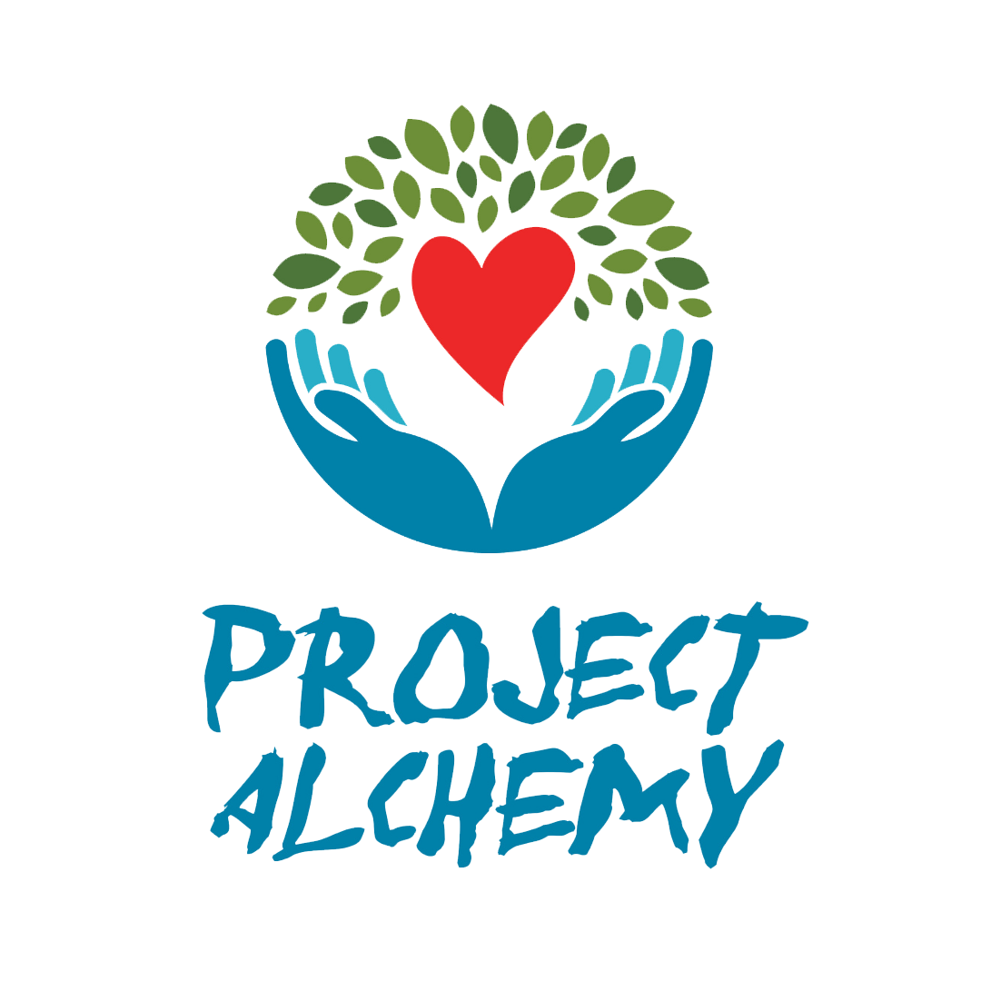 Logo for Project Alchemy featuring two blue hands surrounding a red heart and green leaves, with the text 'Project Alchemy' underneath.