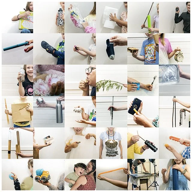 Collage of children and adults performing various activities involving toys, crafts, and everyday objects like a stopwatch, clock, and camera.