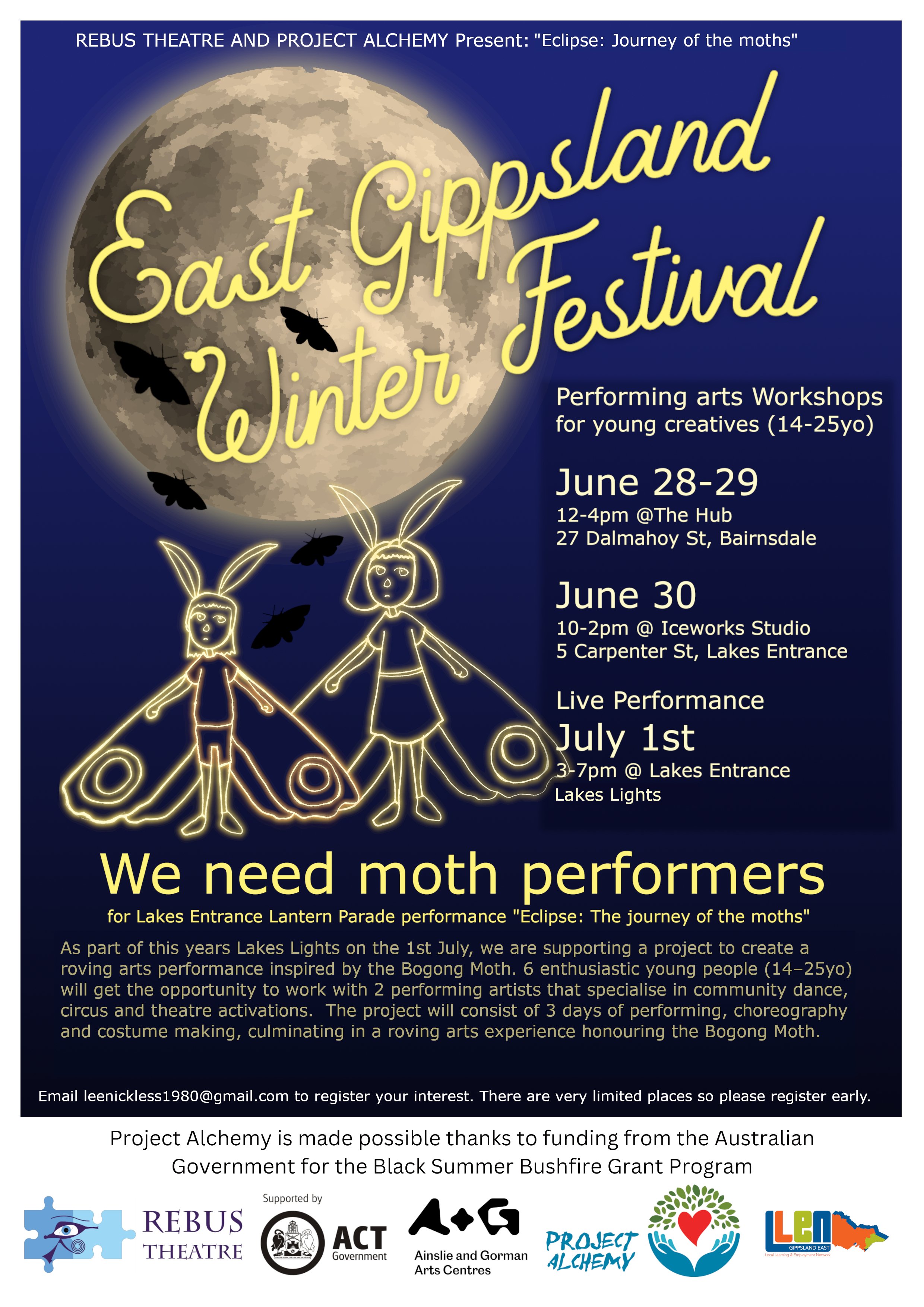 Flyer for the East Gippsland Winter Festival featuring a large moon with black moth silhouettes, neon outline drawings of two moth dancers with costumes, and text about event dates, times, and activities.