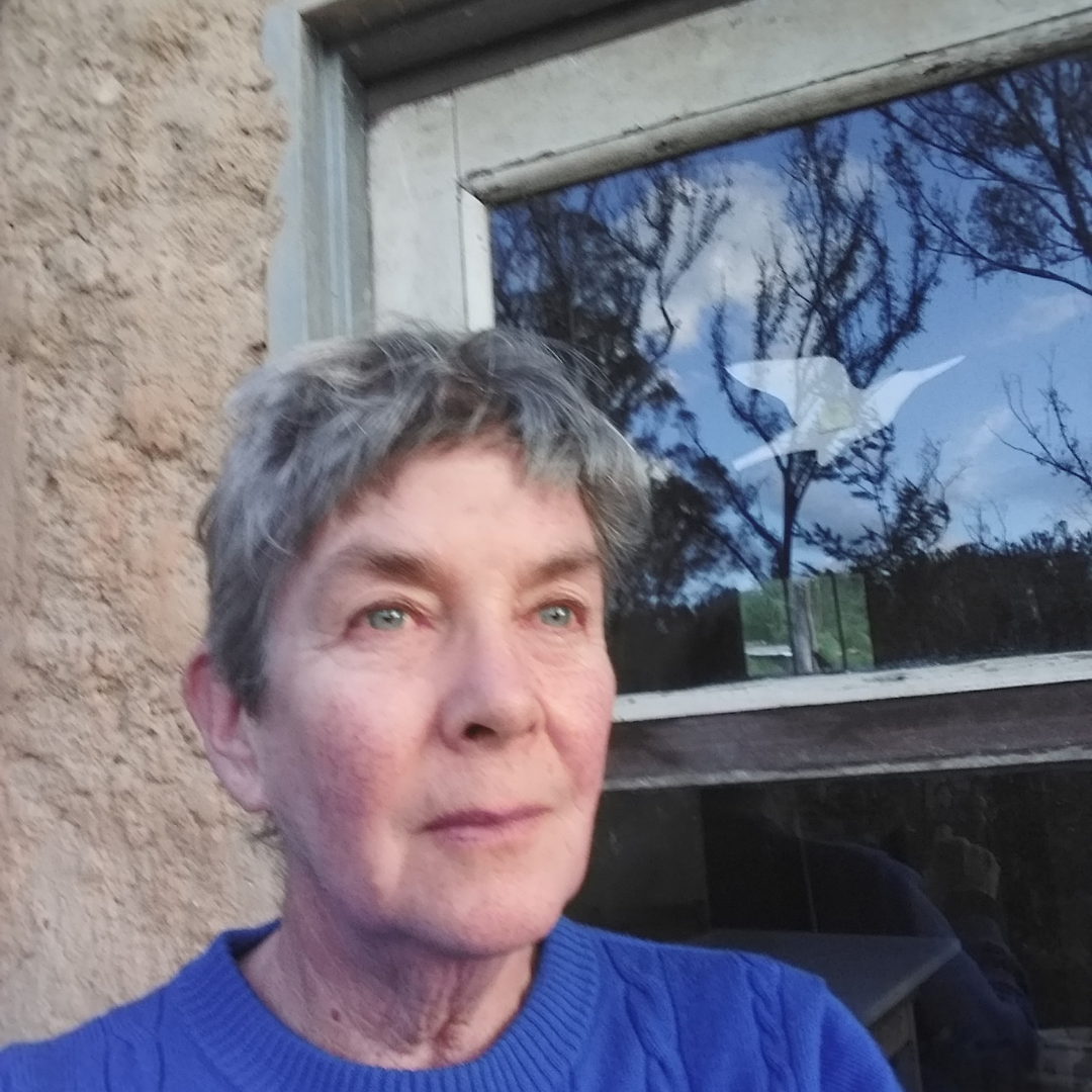 A woman with short gray hair and a blue sweater taking a selfie outdoors near a window with a reflection of trees and the sky.