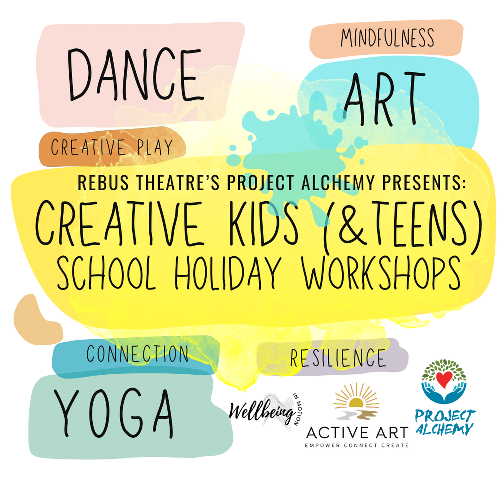 Colorful poster advertising school holiday workshops for kids and teens, including activities like dance, art, yoga, creative play, connection, mindfulness, and resilience, hosted by Rebus Theatre's Project Alchemy.