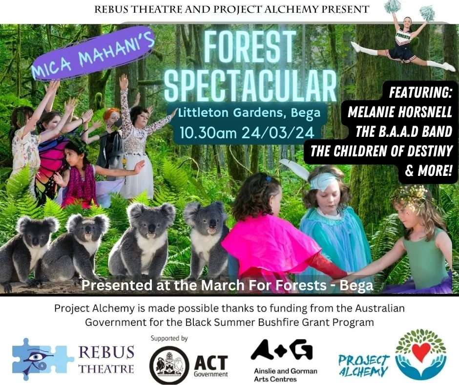 Colorful poster for a forest-themed theatrical event featuring children, bears, and a lush forest background. Event details include date, time, location, and performers.