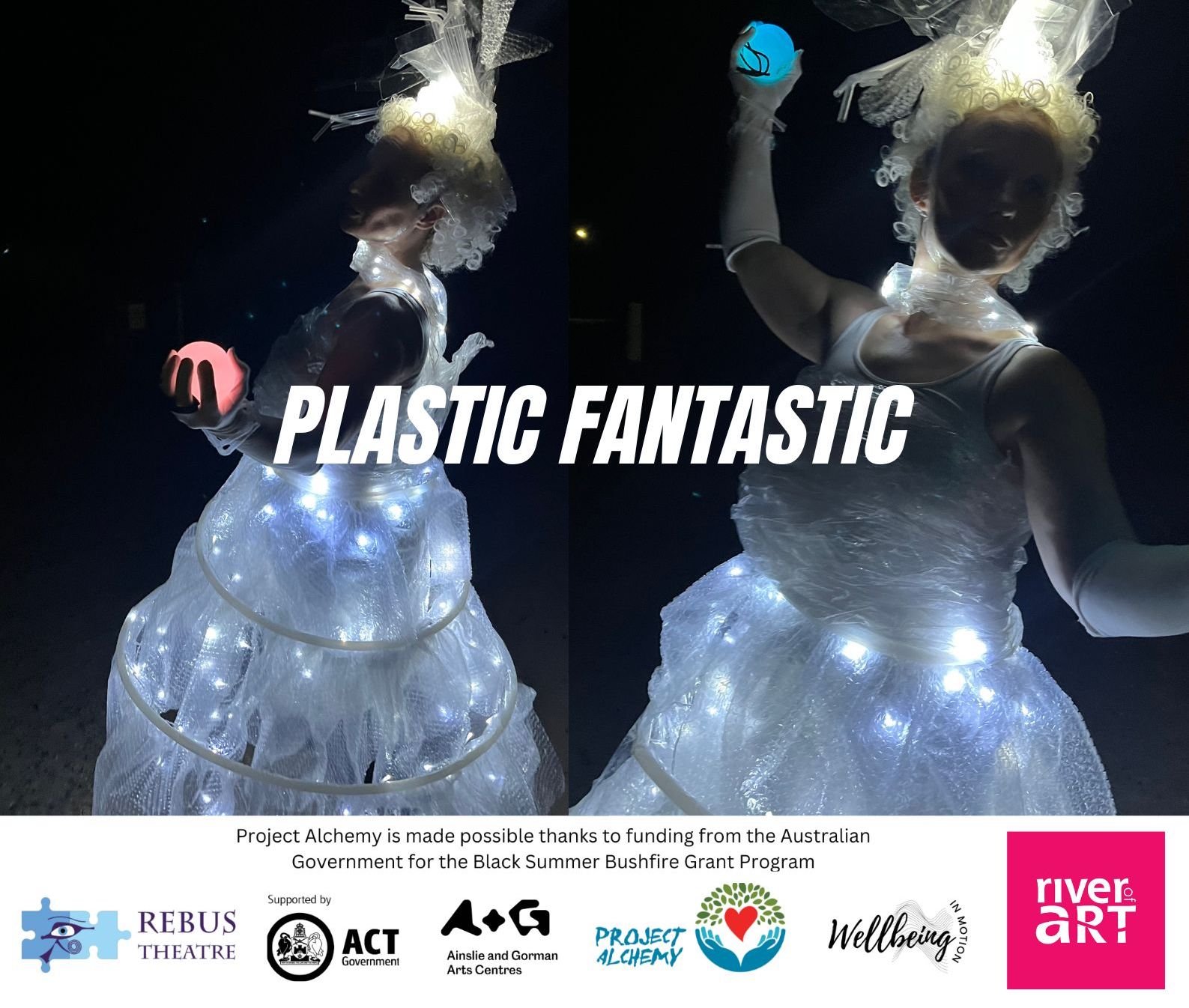 A person dressed in a costume made of plastic and lights, holding a pink glowing ball in one hand and a blue glowing ball in the other. The costume includes a white curly wig and a flowing dress illuminated with LED lights, set against a dark background.