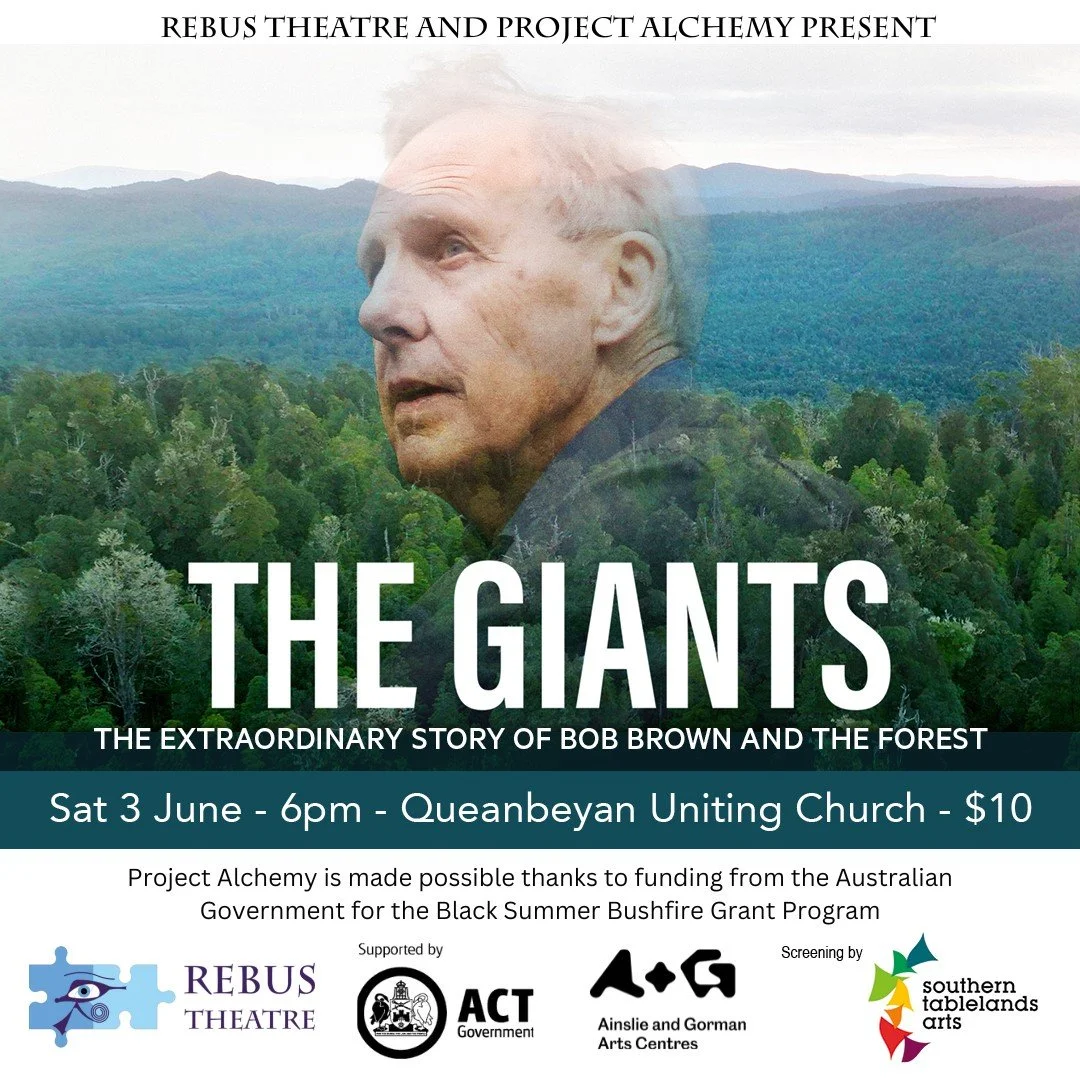 Poster for a theatrical event titled 'The Giants' featuring a double exposure of a man’s face against a forest landscape, with details about the event date, location, and sponsors.