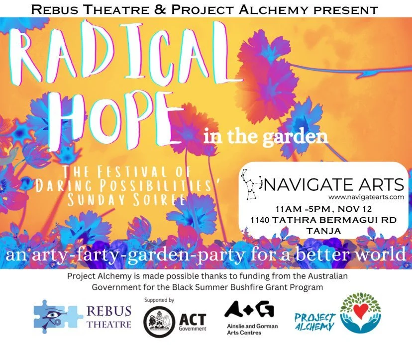 A colorful poster for a garden party event titled 'Radical Hope in the Garden,' featuring floral graphics in purple and blue, hosted by Rebus Theatre and Project Alchemy, with details about the event date, time, location, and sponsors.