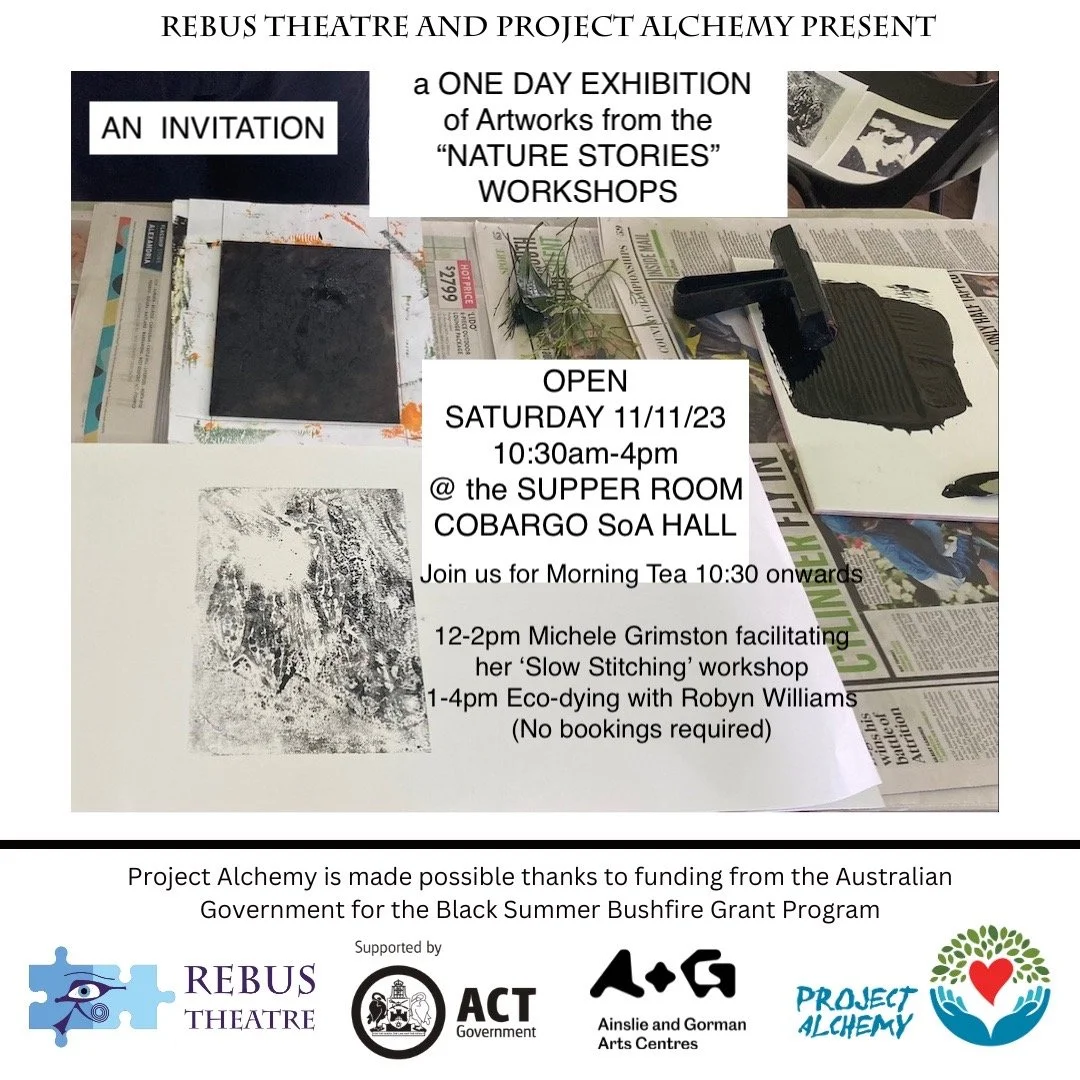 Event flyer for Project Alchemy's one-day exhibition and workshop titled 'Nature Stories.' It announces the event on Saturday, 11/11/23, from 10:30 am to 4 pm in the supper room at Cobargo SoA Hall. The flyer includes details for morning tea and two workshops: a slow stitching workshop with Michele Grimston from 12 to 2 pm, and an eco-dyeing workshop with Robyn Williams from 1 to 4 pm. The background shows craft materials, newspapers, and images related to the event.