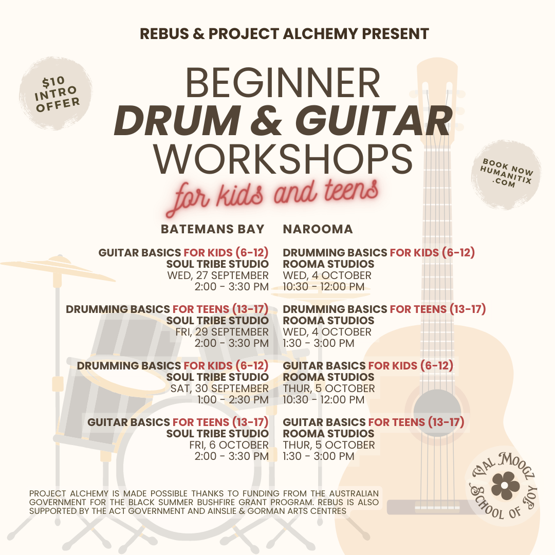 Flyer for beginner drum and guitar workshops for kids and teens, including schedules, locations, and prices, with musical instrument illustrations in the background.