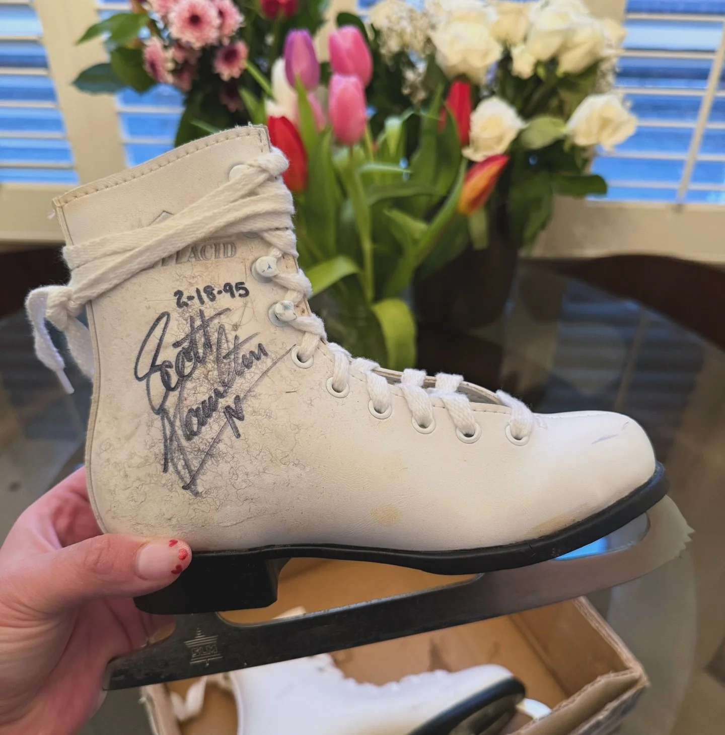 Pulled out a pair of my old skates in honor of the Olympics to show my kiddos and realized they just so happen to be my daughter&rsquo;s size now. 🥹 They thought it was the coolest thing ever. 

31 years ago, I met Scott Hamilton, and he so gracious