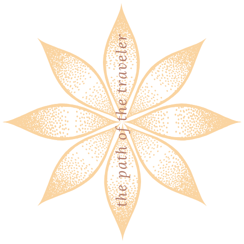 the golden 8-petal sun logo saying the path of the traveler