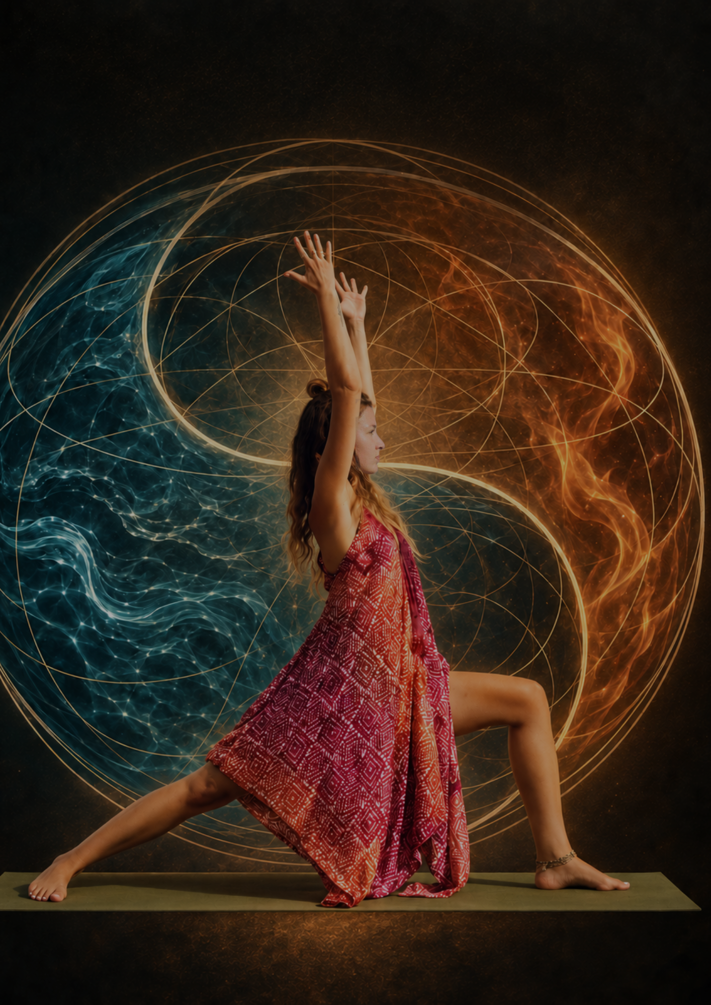 A woman practicing yoga on a green mat in a studio with a background of swirling blue, gold, and orange abstract patterns.