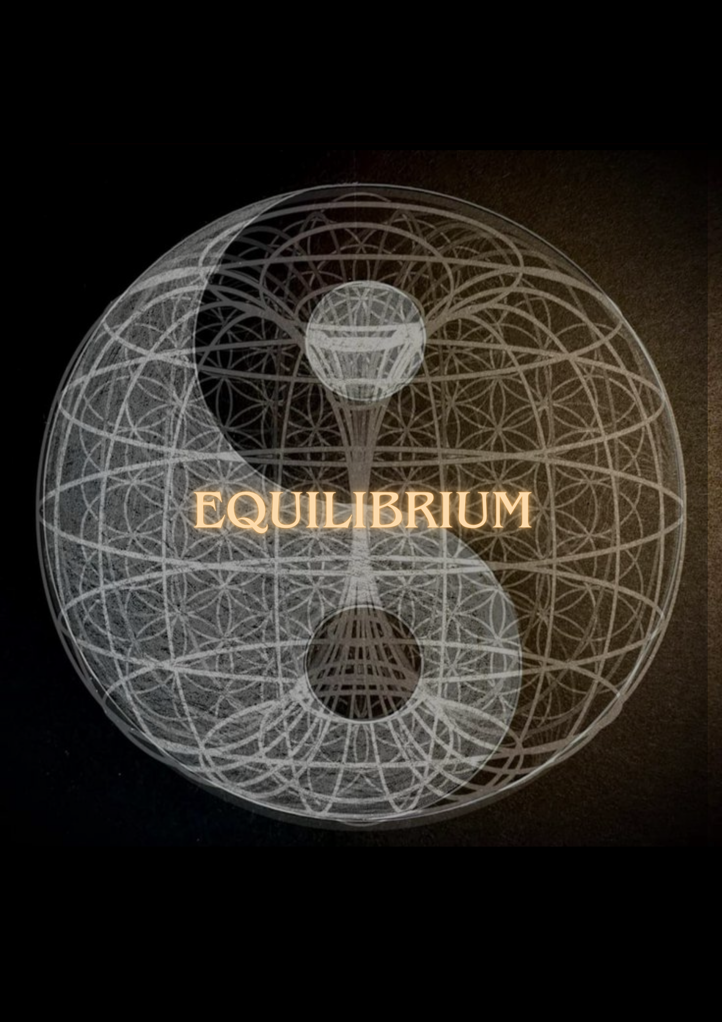Illustration of the ancient Chinese concept of balance and harmony, depicting a sphere with intricate geometric patterns and the word 'EQUILIBRIUM' in gold lettering.