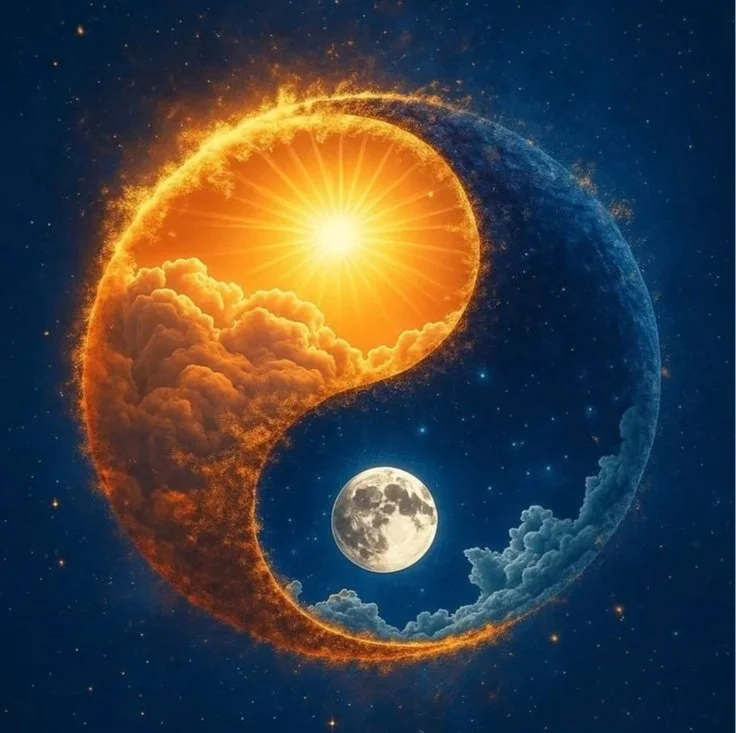 Yin and yang symbol formed by the sun and moon in a cosmic sky.
