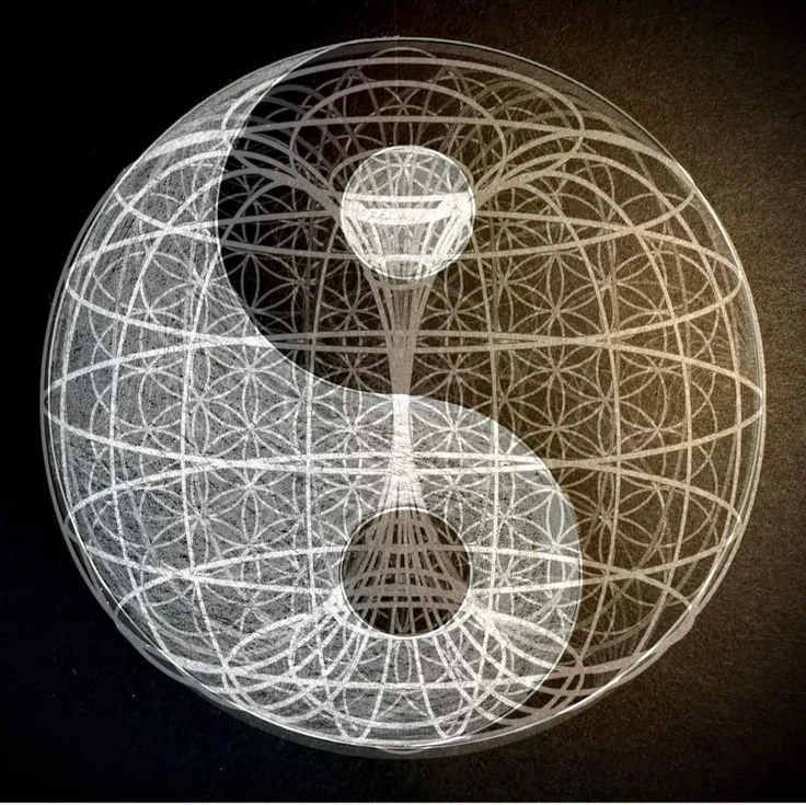 Yin yang symbol created with sacred geometry lines, representing balance, unity and interconnectedness.