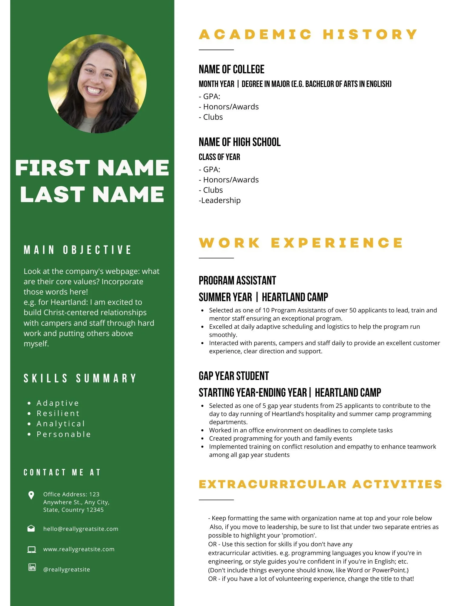 Heartland Christian Camp Affordable Gap Year Program Resume Resources