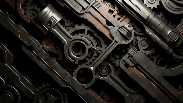 Close-up of interconnected mechanical gears and parts from a machine or device.