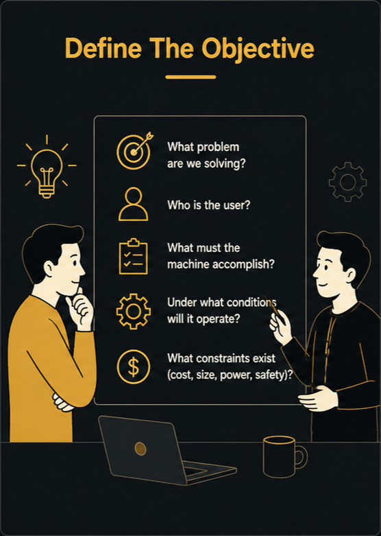 An infographic titled "Define The Objective" showing two men discussing key questions for defining a machine's purpose, including problem, user, goals, conditions, and constraints.