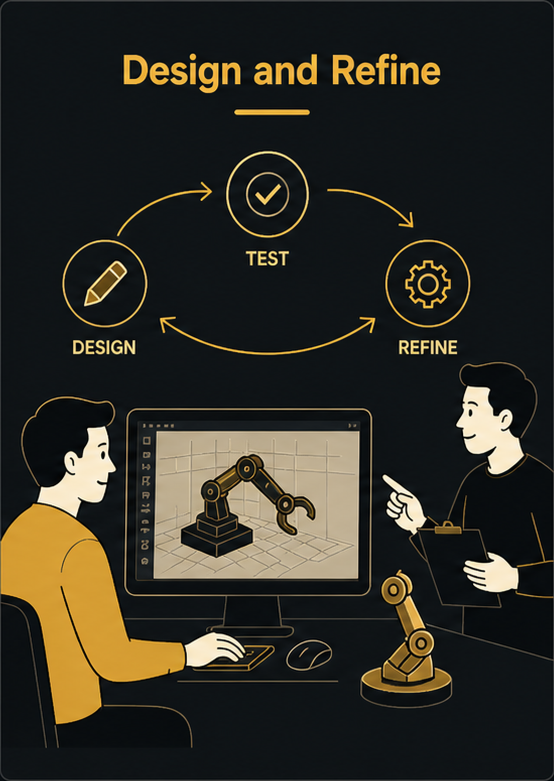 Illustration of a design process cycle with two people discussing a robotic arm, a computer monitor with the robotic arm diagram, and icons representing designing, testing, and refining.