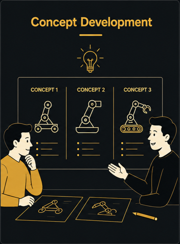 Two people discussing concept development for robotic arms, with diagrams of three different robot concepts and sketches of robotic mechanisms on tables.