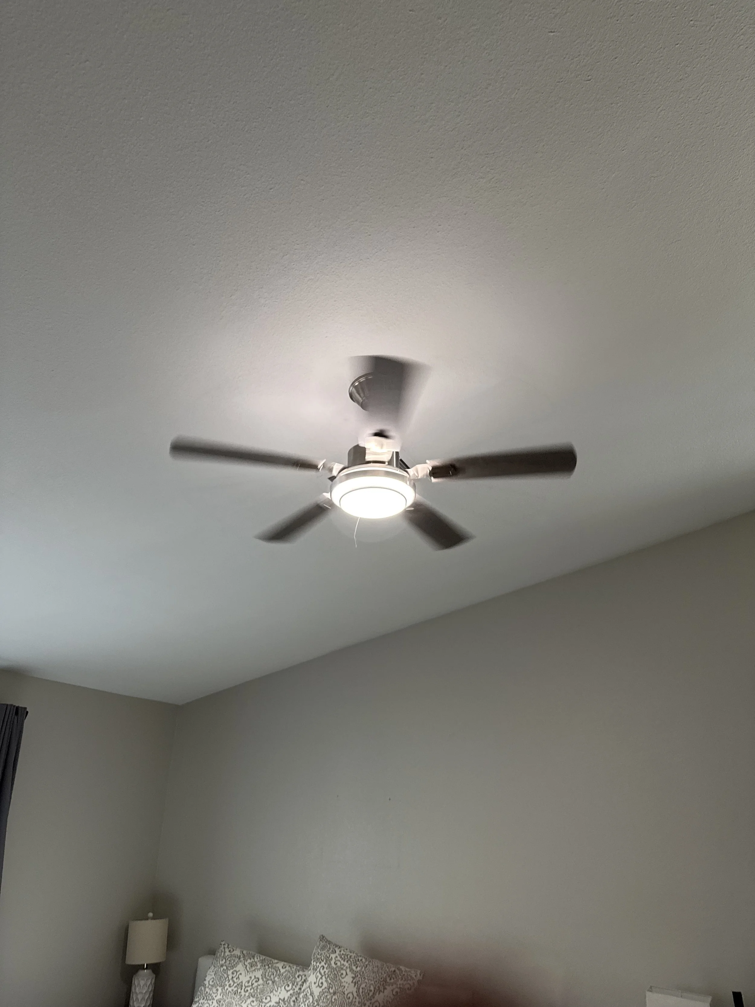 Ceiling fan with lights on in a bedroom with gray walls, partial view of a bed with patterned pillows, and a bedside lamp.