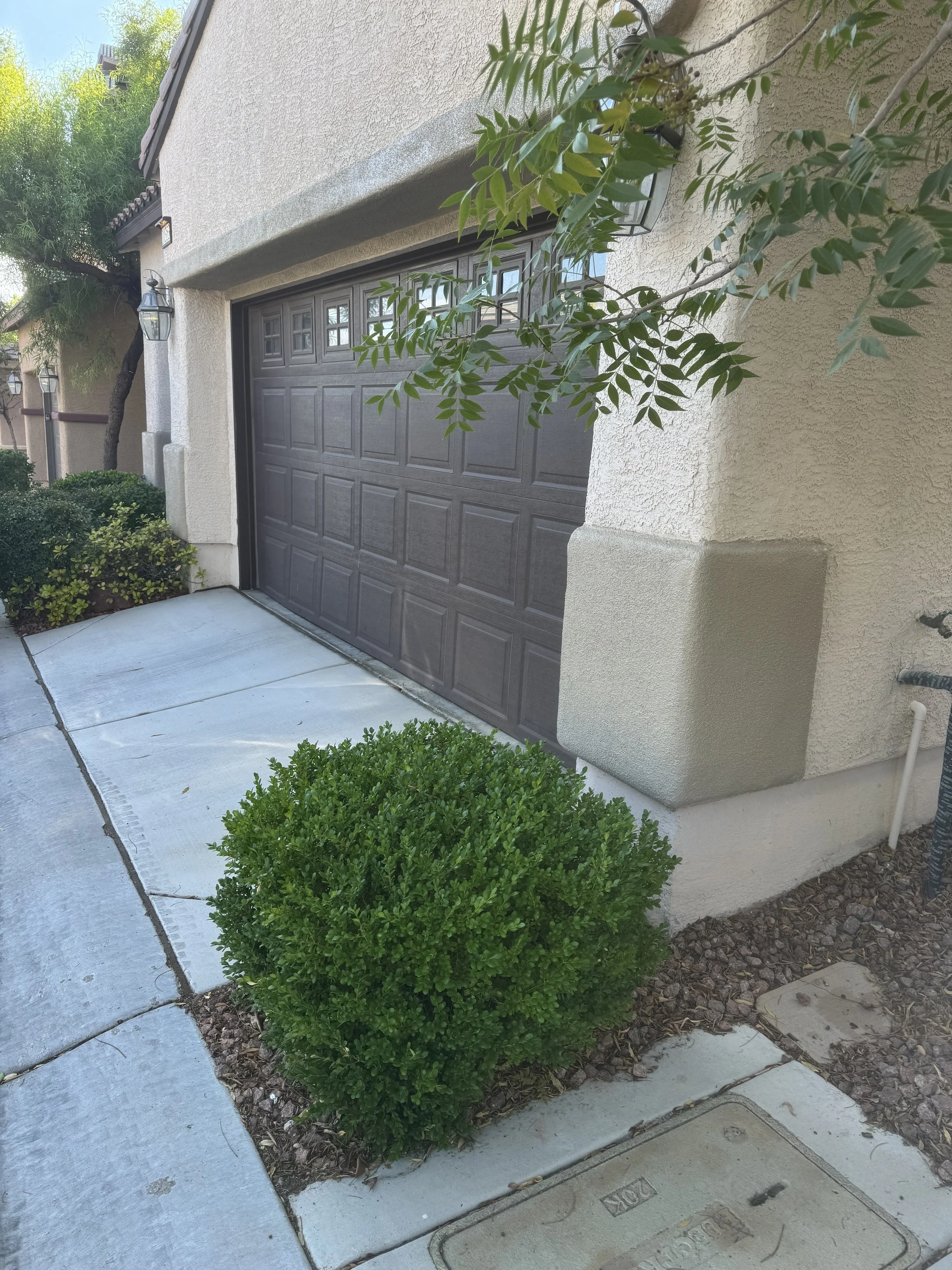 Residential house with a closed garage door, greenery including bushes and a tree, sidewalk with concrete slabs, and exterior wall lights.
