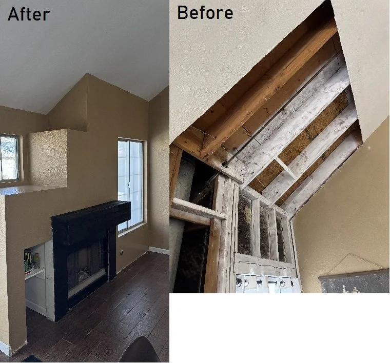 Side-by-side comparison of a room before and after renovation. The 'before' image shows an attic space with exposed wooden beams and unfinished ceiling. The 'after' image shows a finished room with painted walls, a window, and a black fireplace.