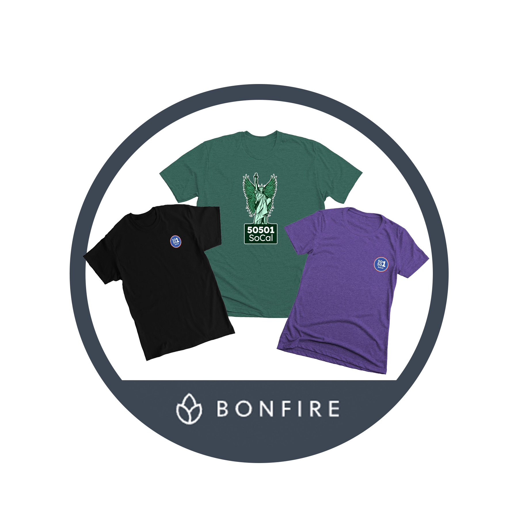 Three T-shirts in black, green, and purple with Bonfire branding. The black T-shirt has a small circular logo on the chest. The purple T-shirt features the same logo on the chest. The green T-shirt has a larger graphic of the Statue of Liberty with the text "50501 SoCal" underneath.