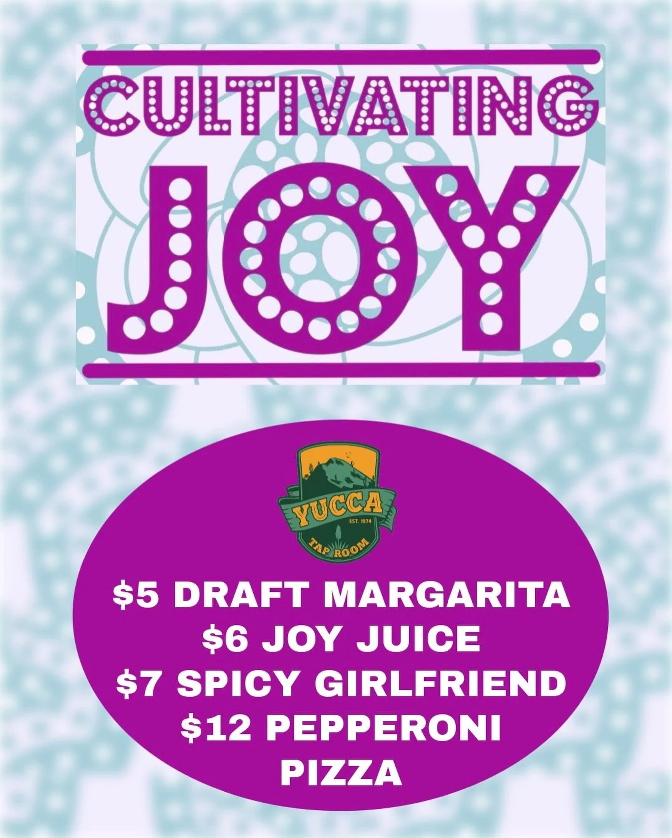 Tonight is CULTIVATING JOY! 

Aronda at @yuccataproom made a menu just for the occasion  including delish cocktails and cheap pizza 🍕 so make sure to stop by there after taking in the exhibition! 

Don&rsquo;t forget to bring your friends. 🤗🤗

🩵 