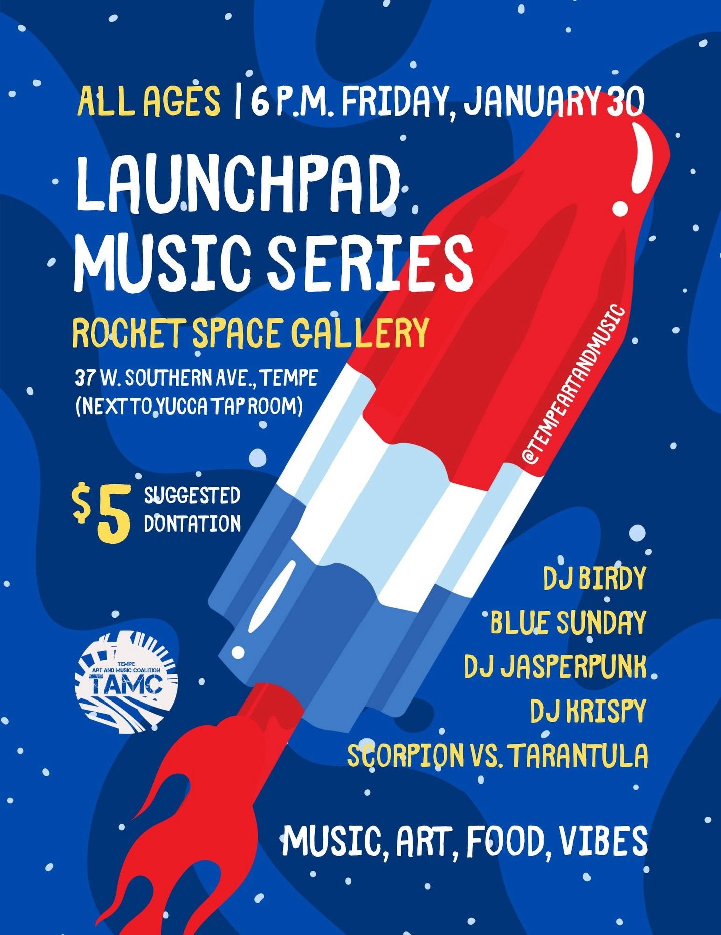 Grab yer space junk and join us for the kickoff of the #LaunchpadMusicSeries! 

📍Rocket Space Gallery 37 W Southern Ave Tempe (next to Yucca Tap Room) 
🗓️ Friday, January 30 6pm!

It&rsquo;s an all ages musical rocket ride complete with art, food, 