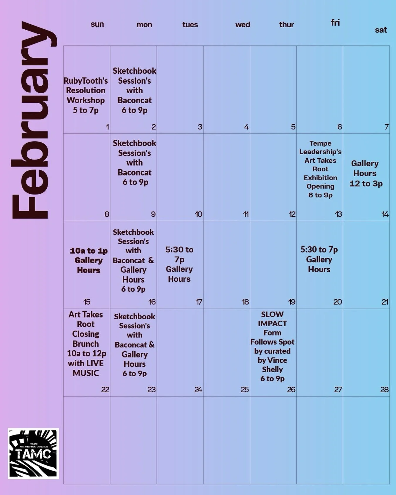 Another excellent month of art 😍

The gallery is OPEN during all of these events. Everyone is welcome to stop in, even if you don&rsquo;t participate in the events happening. 

This space is yours 🫶 Come enjoy it!