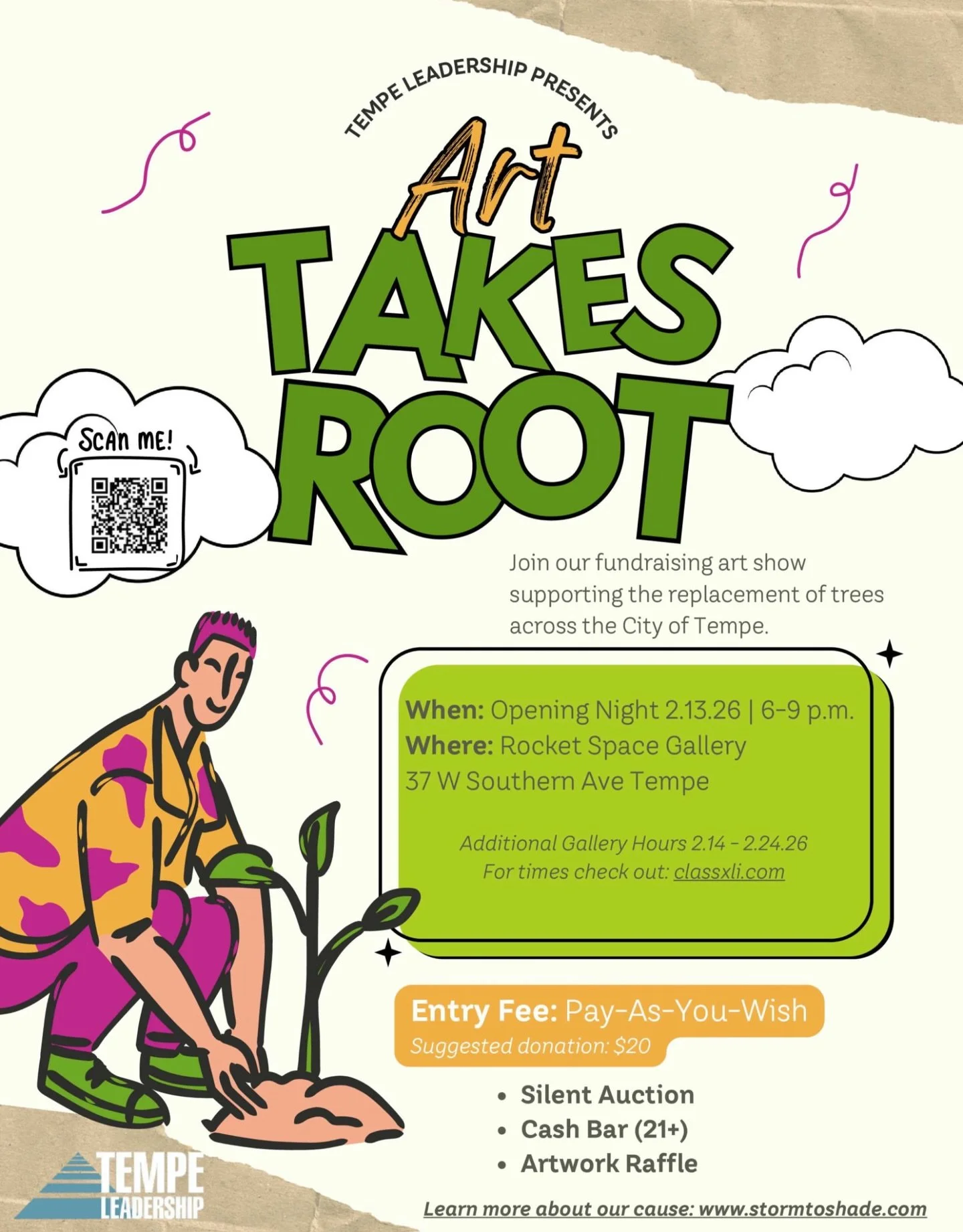 Art Takes Root 🌳 

Tempe Leadership @tempe.leadership and @classxli will be hosting a fundraiser art show to raise money for the Storm to Shade project. 

They&rsquo;ll be planting 15 trees at Jaycee Park and 18 trees at Mitchell Park, both of which