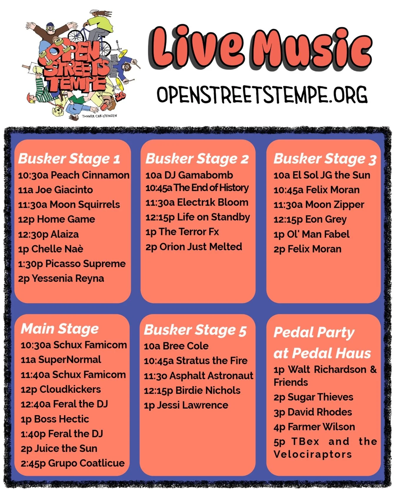 We cannot wait to see all these bands on Sunday!!

The stages will be scattered throughout the entire event along Rio Salado Pkwy and at @pedalhausbrewery. 

Come hang out with your community this Sunday, you won&rsquo;t want to miss this! 🎤🎸🥁🎹🪈
