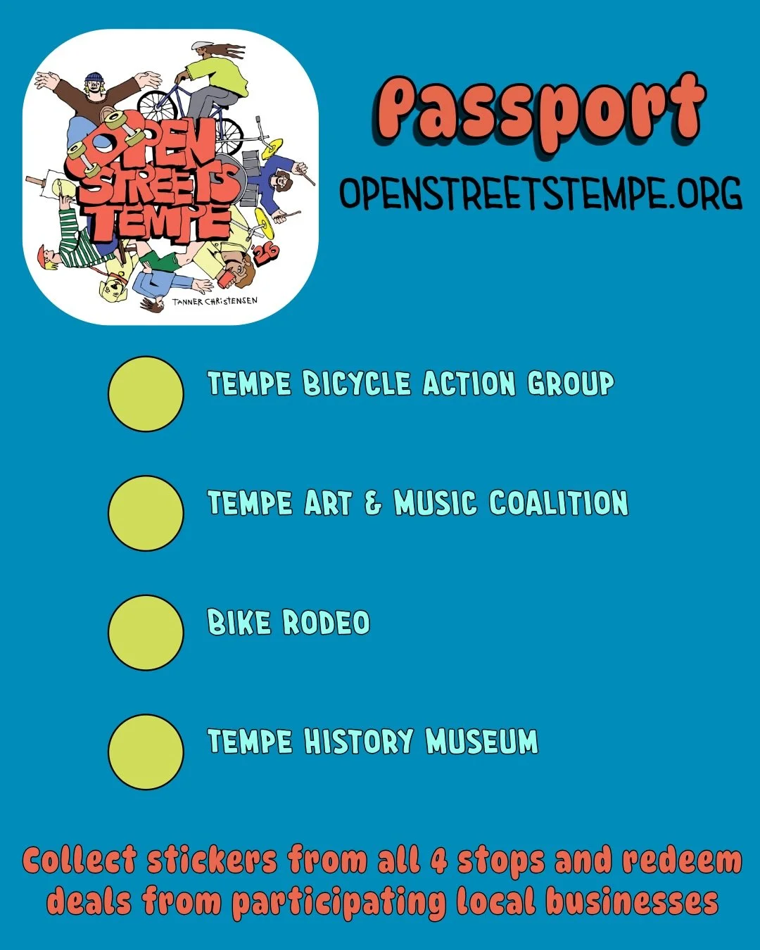 It&rsquo;s almost time to pack up and hit Open Streets Tempe!
Don&rsquo;t forget your passport! 🛂

But seriously, look at these DEALS!!

This Sunday there are 4 booth stops including @biketempe, @tempeartandmusic, Bike Rodeo and @tempehistorymuseum 