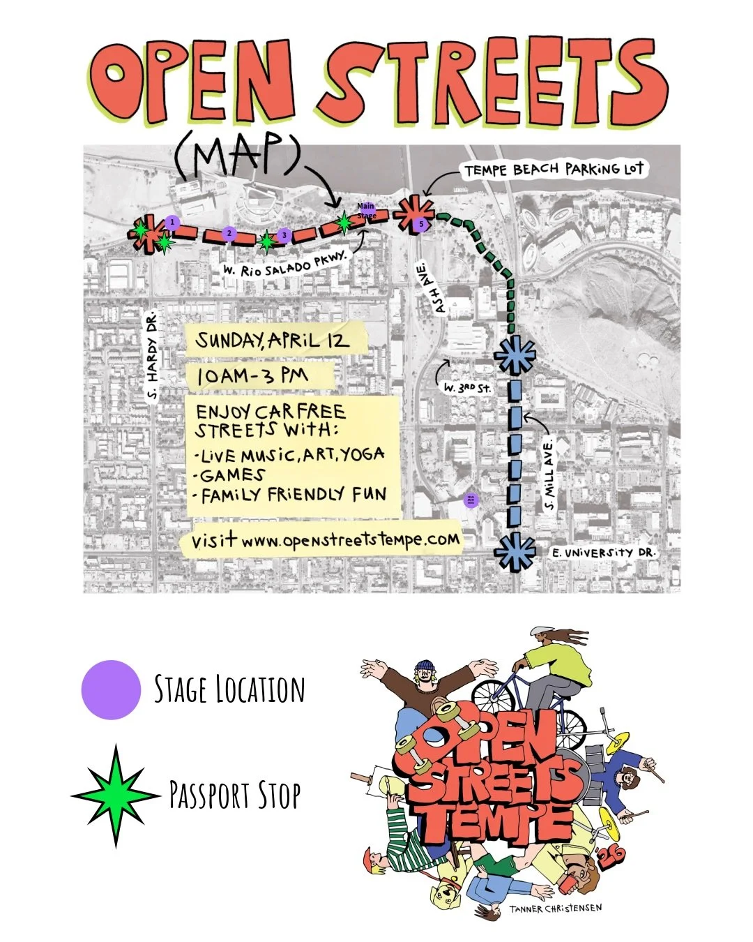 Here&rsquo;s the map for @openstreetstempe! Find where your favorite musicians and bands are playing, as well as passport stops! 

OPEN STREETS TEMPE
BIKE PARADE:
📍 Centerpoint Plaza 7th St and Mill Ave
⌚️ Gather at 9:45 AM, kickstands up shortly af