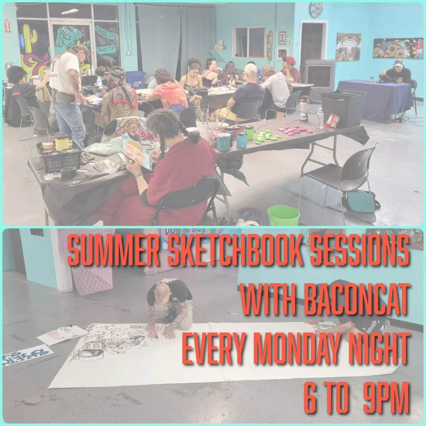 Tonight and every Monday, Sketchbook Sessions with BaconCat. 

This an open, free event with space to create art. Drop in and leave whenever. 

Bring your favorite drawing supplies. There are also some supplies availible if needed.