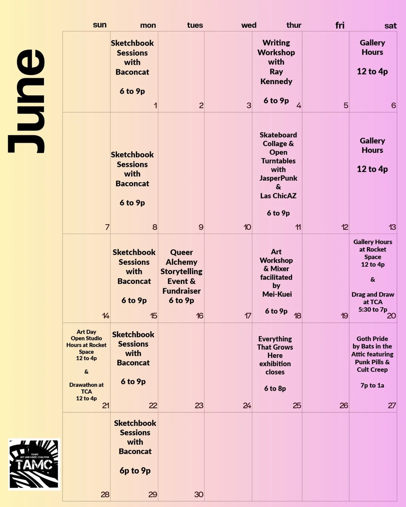 This month is the start of summer and we aren&rsquo;t stopping! 

Come to the Rocket Space Gallery to cool off and enjoy what we&rsquo;ve got going on all month long!

Every Monday, we continue Sketchbook Sessions with @baconcat ✍️ 

June 4, writing 