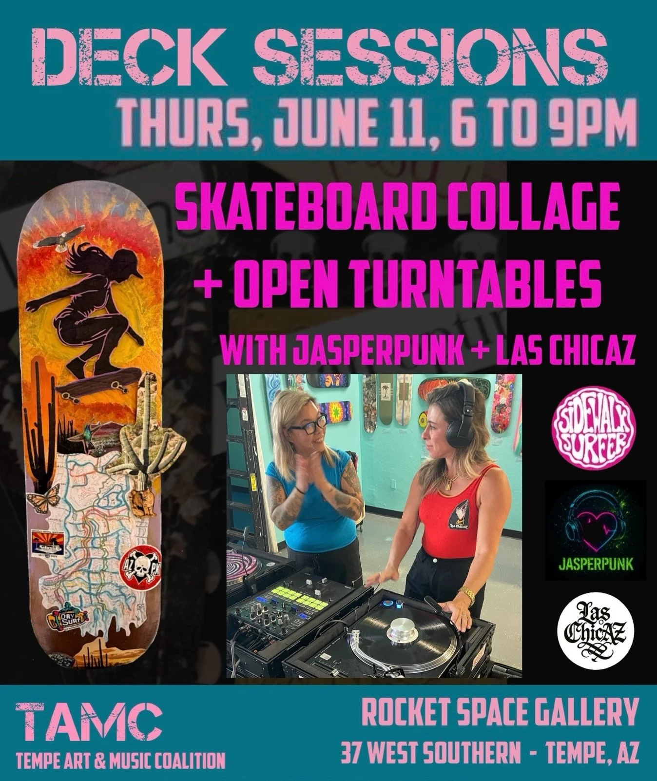 ⭐️ Collage &amp; Open Decks Night at Rocket Space is back! 🚀 @tempeartandmusic 

🗓 Thursday, June 11
🕕 6&ndash;9 PM
📍 Rocket Space Gallery
37 W Southern Ave
Tempe, AZ 85282

💕 Hosted by JasperPunk @djjasperpunk + Las ChicAZ @laschicaz 

🎨 Creat