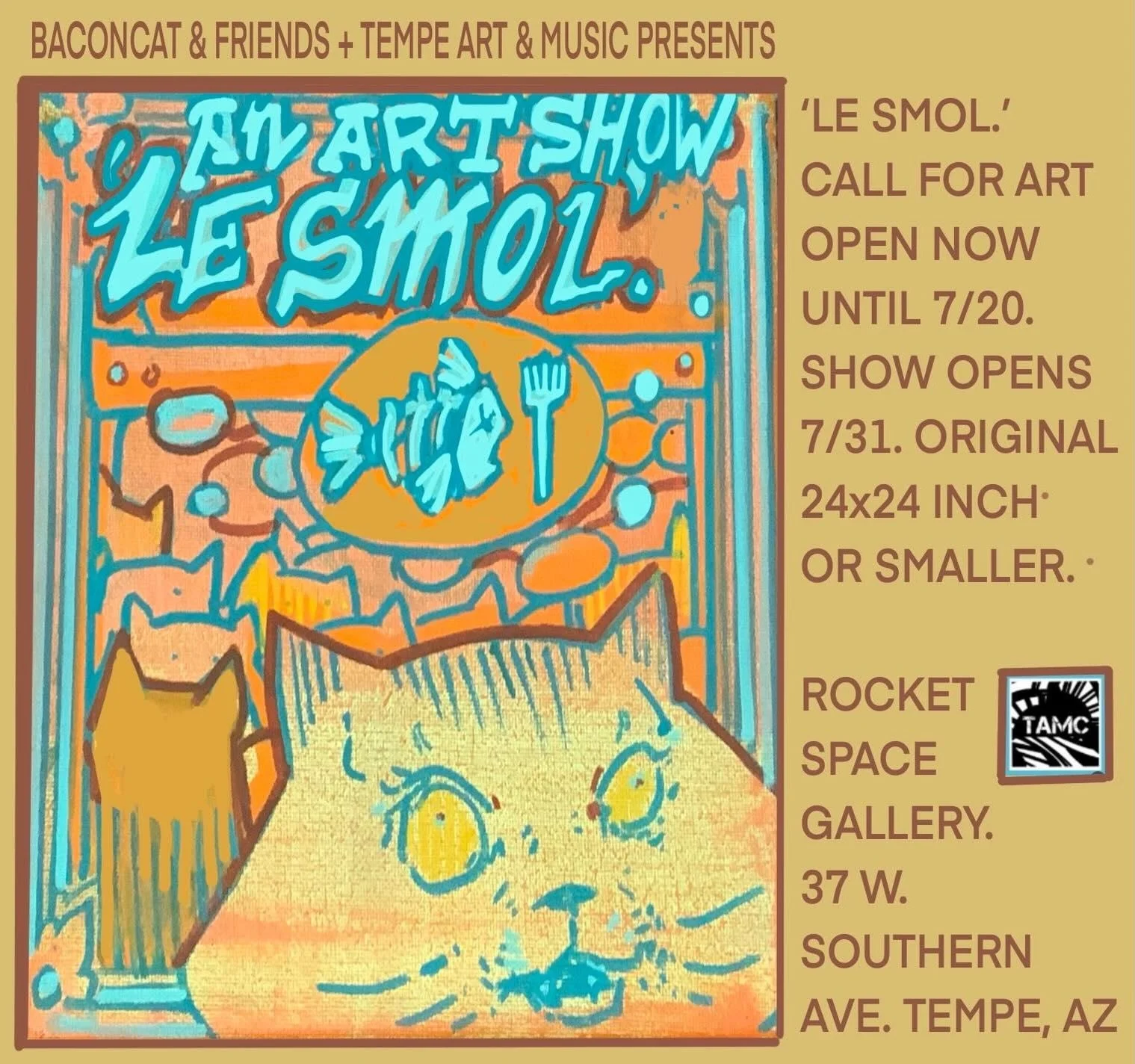 We&rsquo;re gettin smol 🐱

Artists ‼️

This is a call to art for any pieces 24&rdquo;x24&rdquo; or smaller. 
Curated by @baconcat and friends. 

Deadline to submit is July 20! 
👉Submit in our bio!👈

Private event and fundraiser - soft opening July