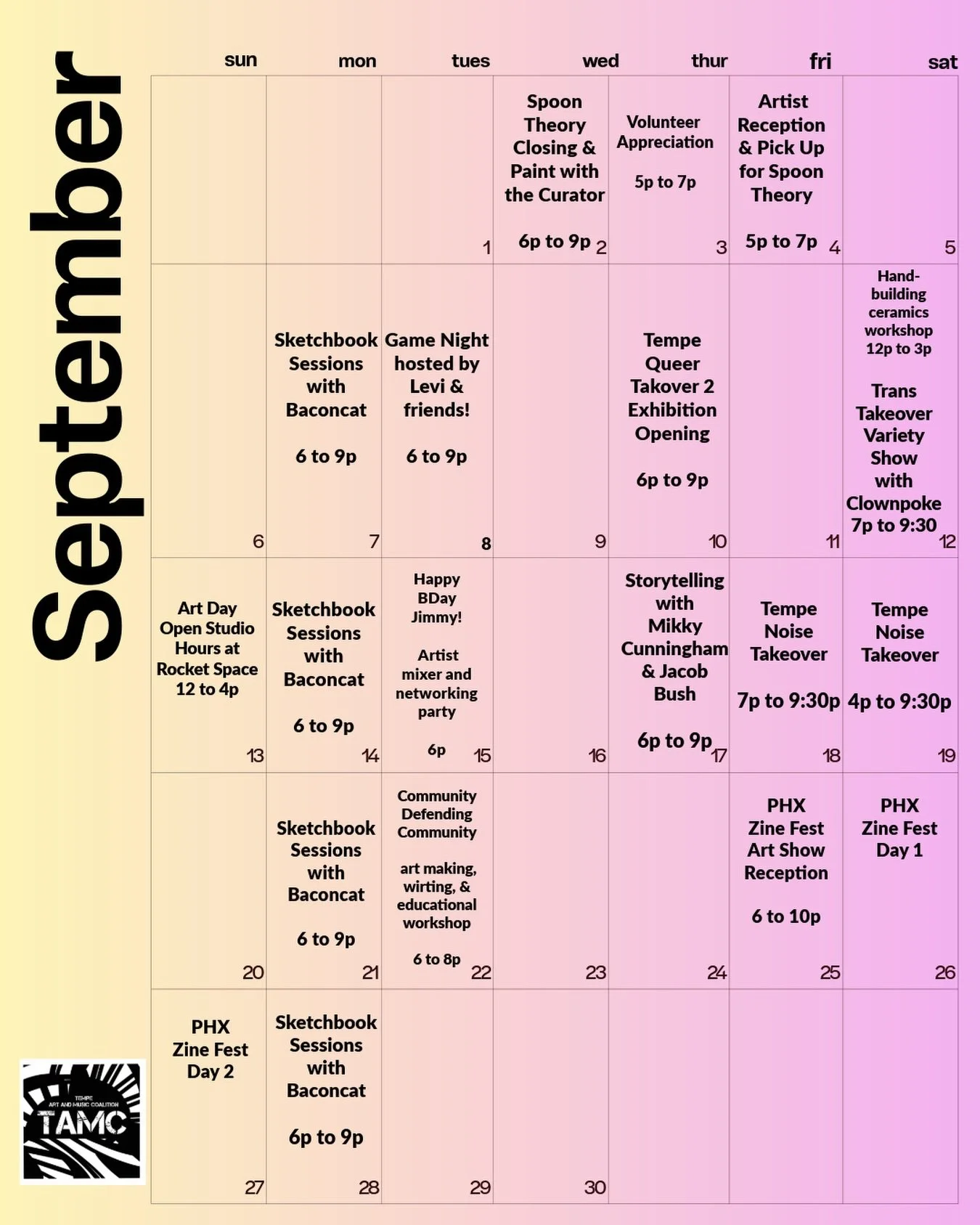 Another amazing month ahead as we enter into September!!

Starting us off TONIGHT, absolutely don&rsquo;t miss your chance to see Spoon Theory 🥄 and paint with the curator @ione__moon 🤩🩷 Bring your own supplies and create. 

Volunteers of TAMC! Do