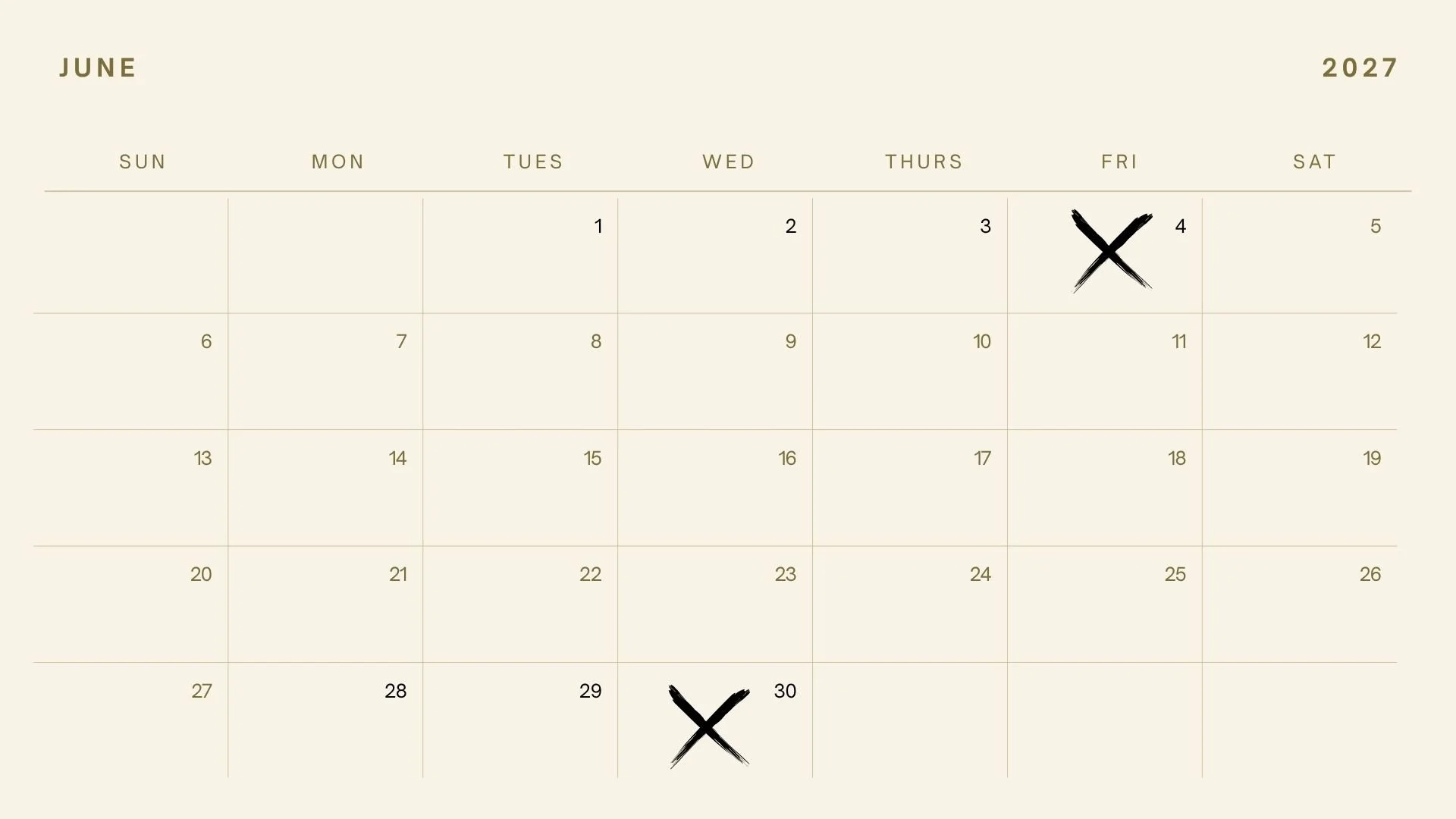Calendar for June 2027 with a black X mark on June 4 and June 30.