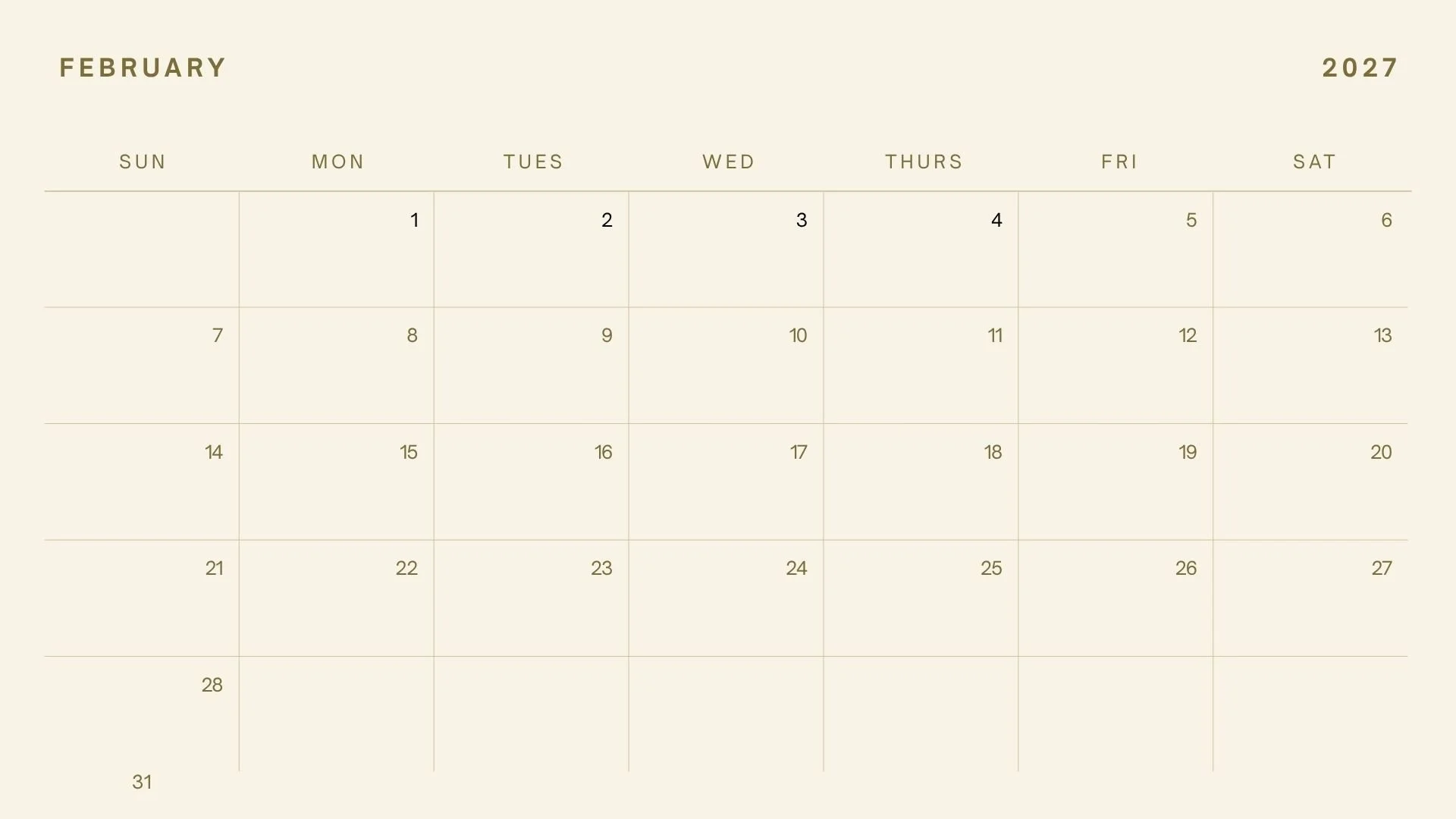 February 2027 Schedule