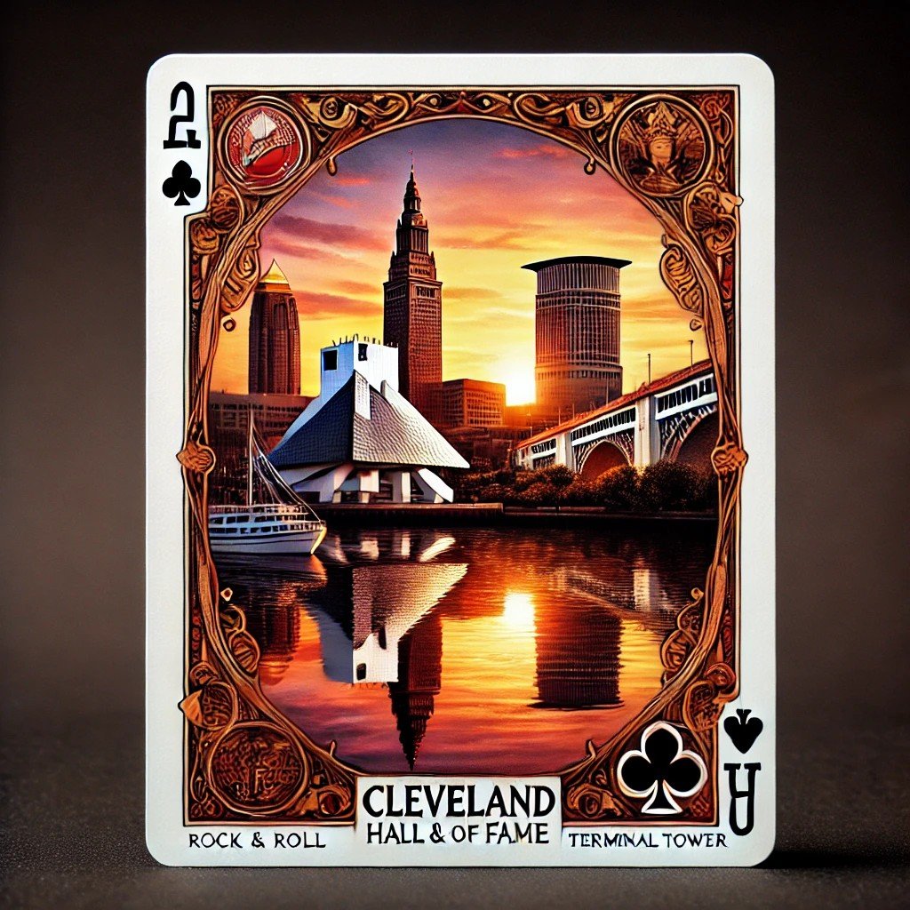 DALL·E 2025-03-12 22.29.36 - A beautifully designed playing card featuring the Cleveland skyline at sunset. The Rock & Roll Hall of Fame and Terminal Tower are prominently display.jpeg