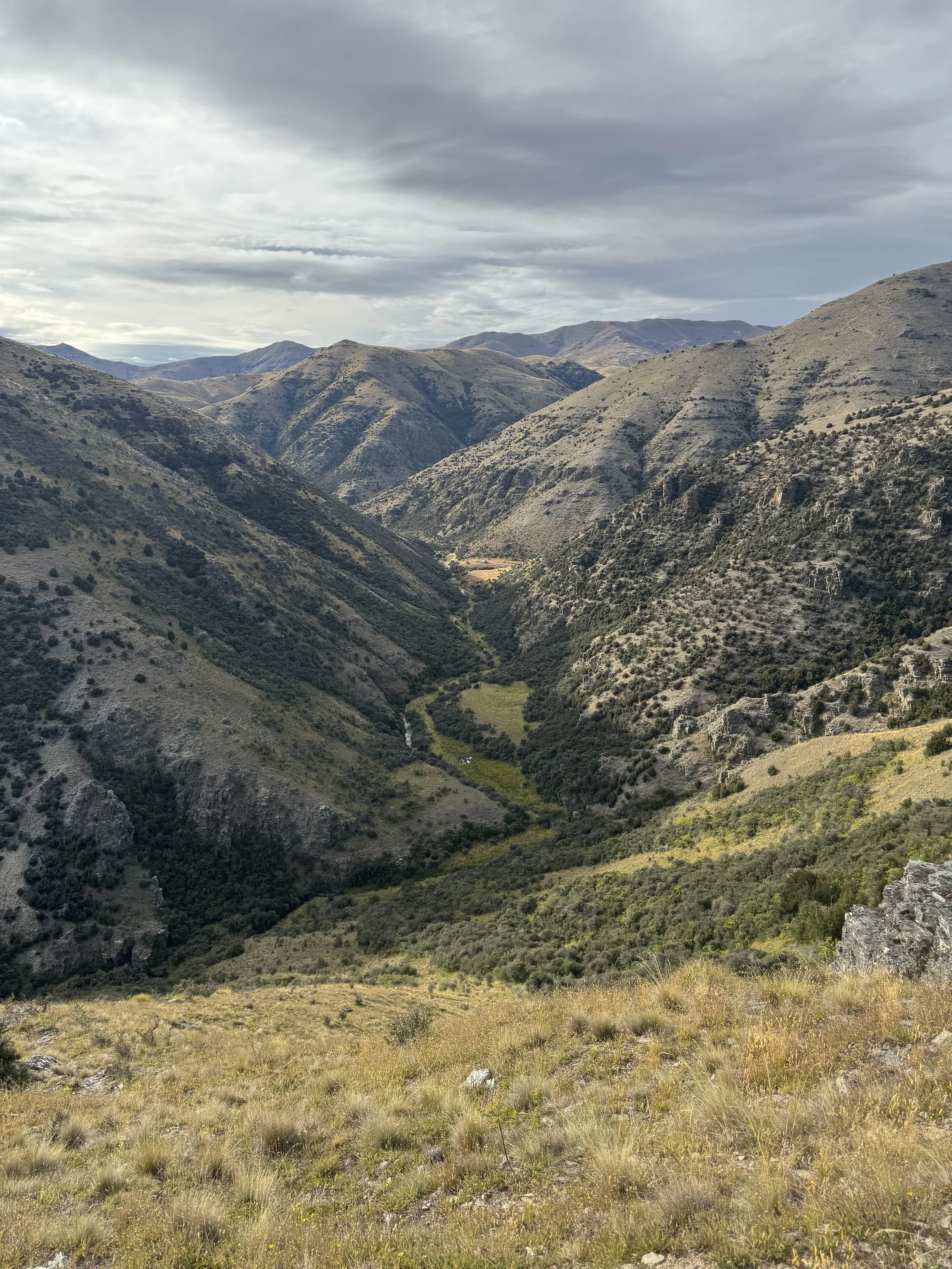 A mountain valley with steep, rugged hills covered in sparse vegetation, green patches, and a small stream running through the valley floor under a cloudy sky.