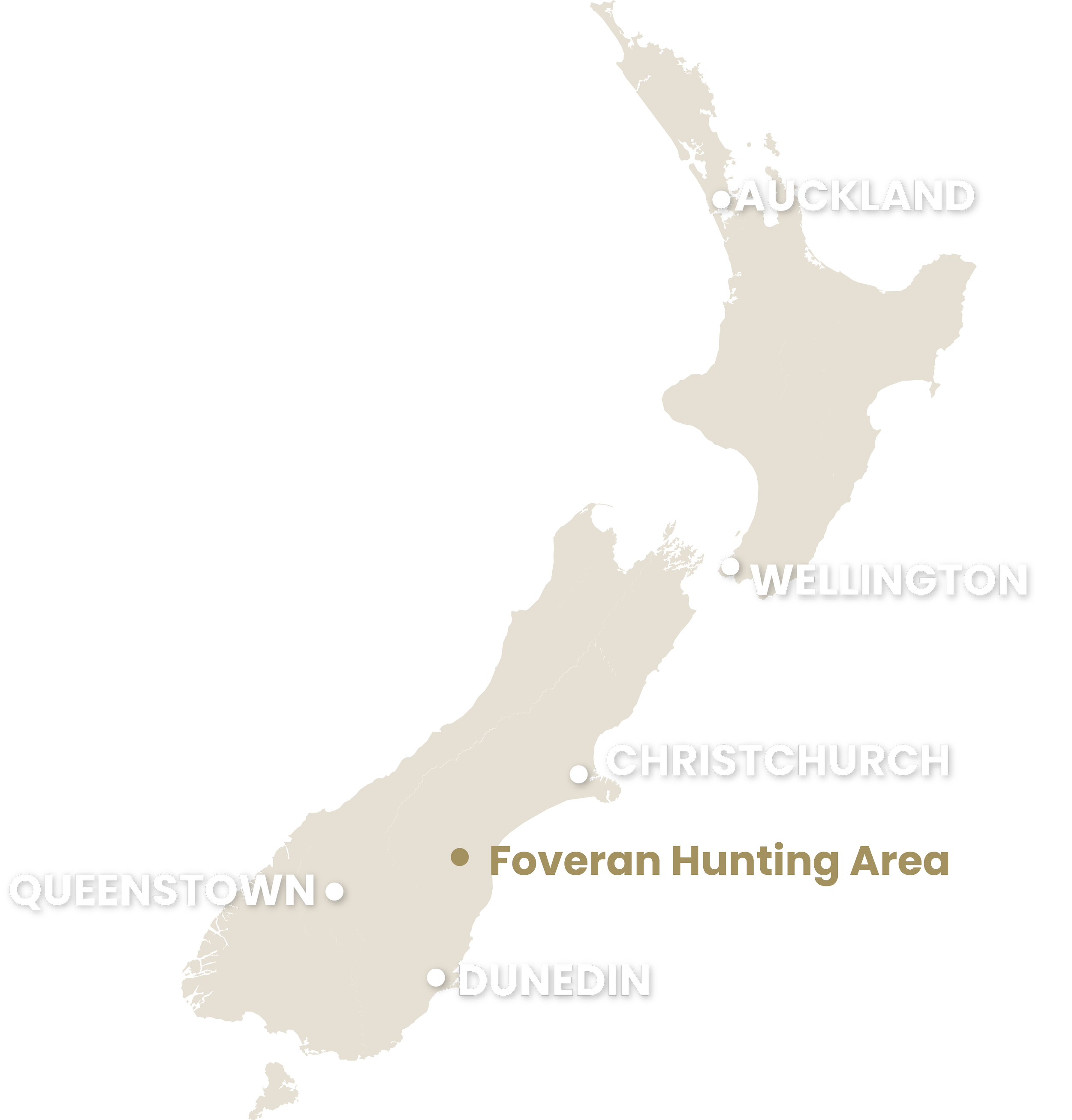 Map of New Zealand showing major cities: Auckland, Wellington, Christchurch, Queenstown, Dunedin, and an area marked as Foveran Hunting Area.